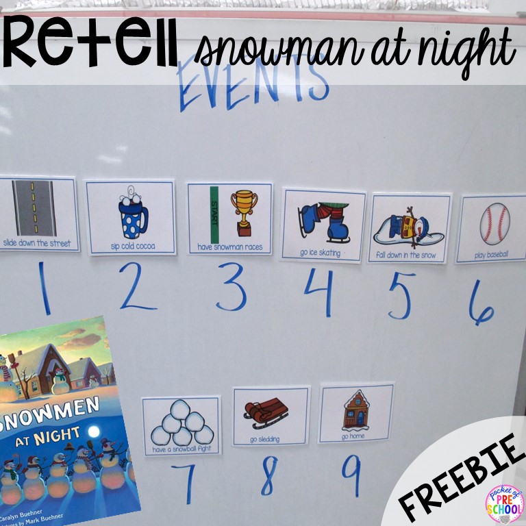Snowman at Night story card FREEBIE plus tons of snowman themed activities for preschool, pre-k, and kindergarten. #snowmantheme #wintertheme