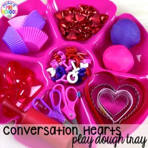 Conversation heart play dough tray! Valentine's Day activities (letters, writing, counting, shapes, sensory, fine motor)for preschool, pre-k, and kindergarten. #preschool #prek #valentinesday