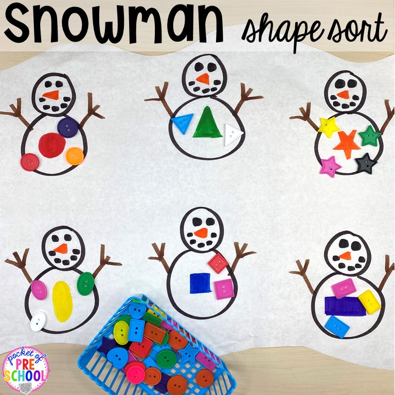 Snowman shape sort butcher paper activity plus tons of snowman themed activities for preschool, pre-k, and kindergarten. #snowmantheme #wintertheme