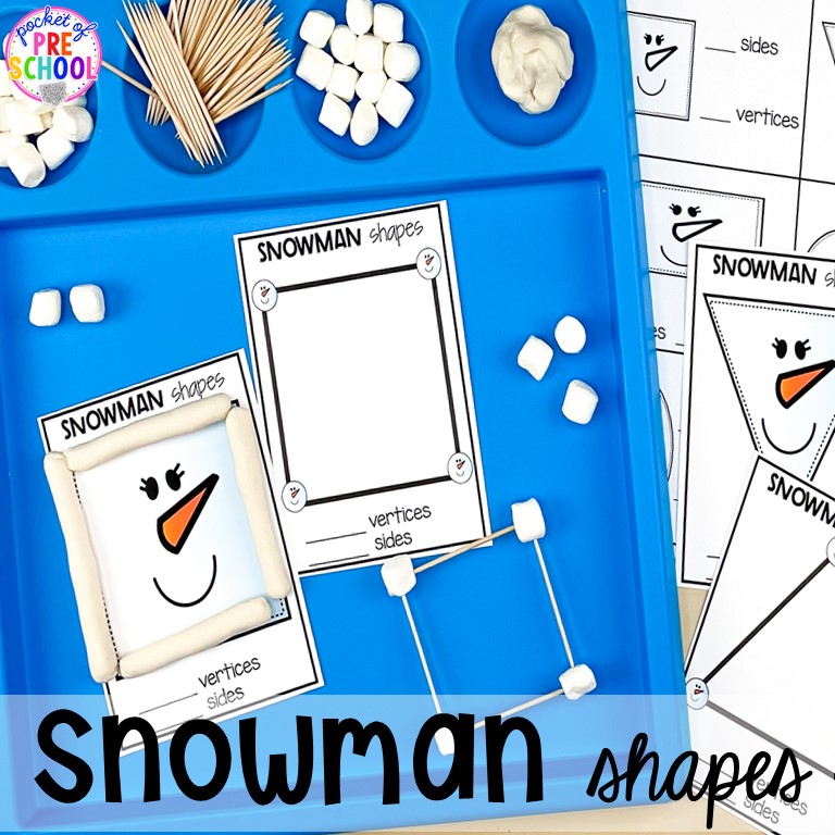 Build snowman 2D shapes ad build fine motor skills plus tons of snowman themed activities for preschool, pre-k, and kindergarten. #snowmantheme #wintertheme