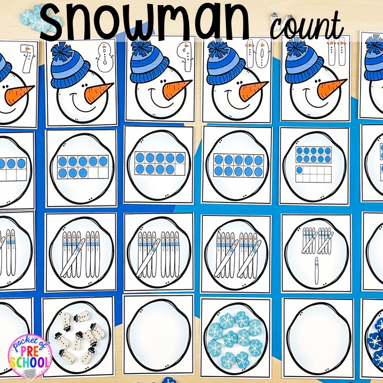 Snowman counting activity plus tons of snowman themed activities for preschool, pre-k, and kindergarten. #snowmantheme #wintertheme