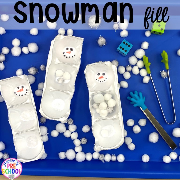 Snowman roll and fill fine motor and math activity plus tons of snowman themed activities for preschool, pre-k, and kindergarten. #snowmantheme #wintertheme