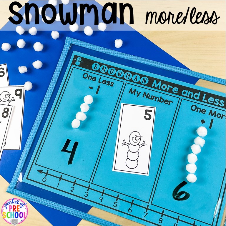 Snowman more or less game plus tons of snowman themed activities for preschool, pre-k, and kindergarten. #snowmantheme #wintertheme