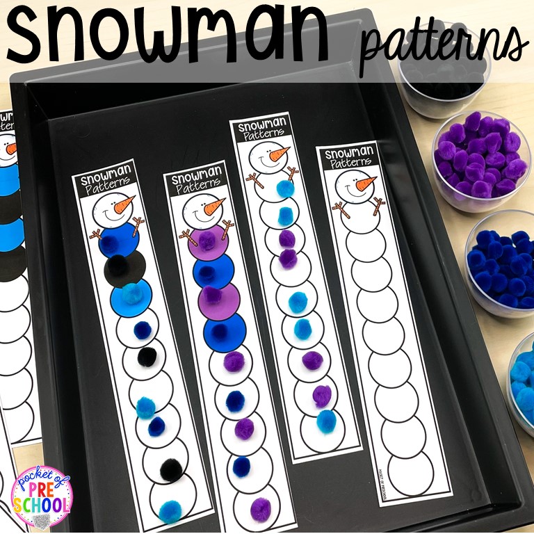 Snowman patterns with pom poms plus tons of snowman themed activities for preschool, pre-k, and kindergarten. #snowmantheme #wintertheme