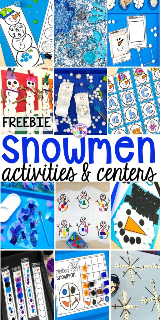 Snowmen activities and centers (FREEBIES too) just right for preschool, pre-k, and kindergarten. #snowmanactivities #wintertheme #preschool #prek