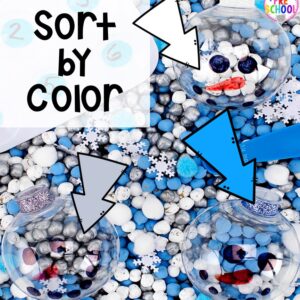 Sorting by color in the sensory bin and a snowman sensory bin! Add academics into the sensory bin! #preschool #prek #sensorybin