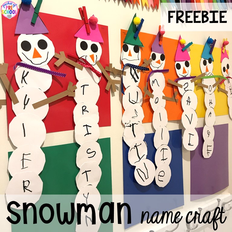 Snowman name craft (practice writing names and develop scissor skills) plus tons of snowman themed activities for preschool, pre-k, and kindergarten. #snowmantheme #wintertheme