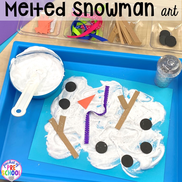 Melted snowman art sensory project plus tons of snowman themed activities for preschool, pre-k, and kindergarten. #snowmantheme #wintertheme