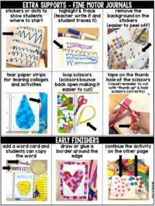 Extra supports and ideas for early finishers for fine motor journals.