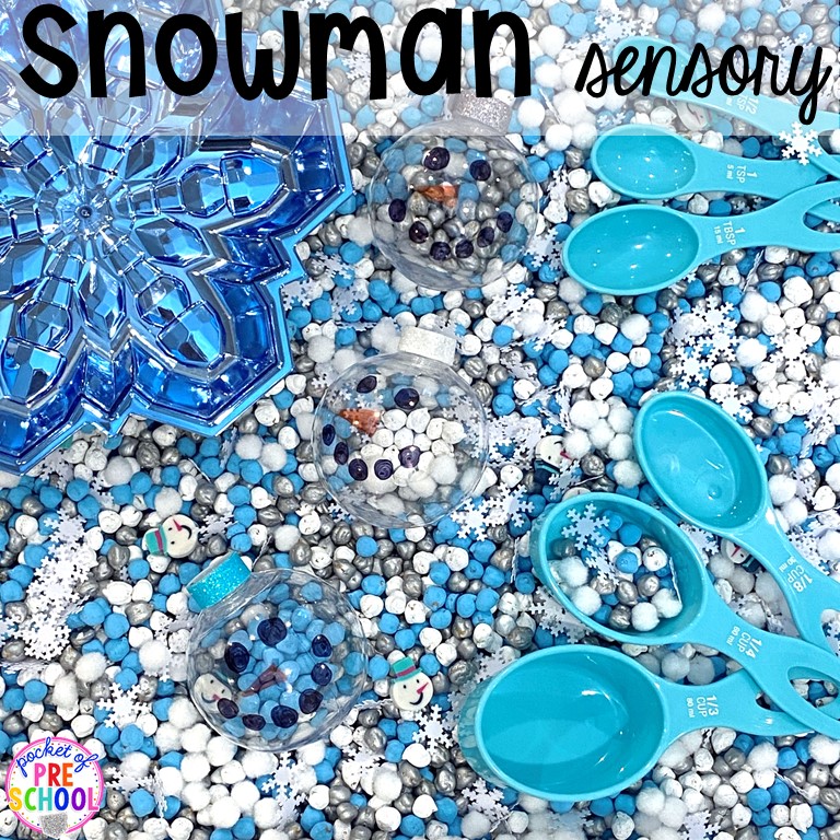 Snowman sensory table plus tons of snowman themed activities for preschool, pre-k, and kindergarten. #snowmantheme #wintertheme