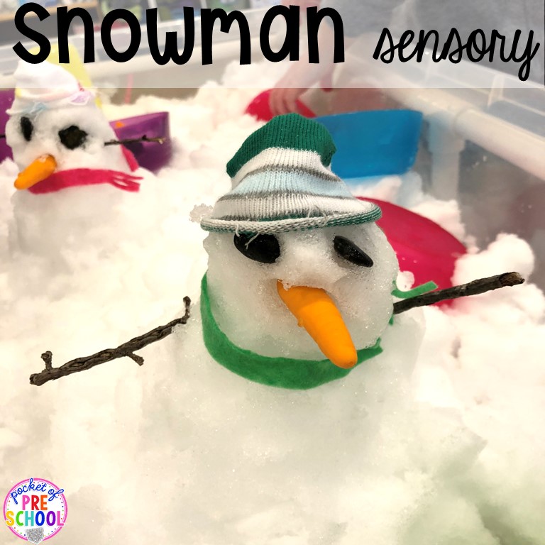 Real snow snowman sensory table plus tons of snowman themed activities for preschool, pre-k, and kindergarten. #snowmantheme #wintertheme