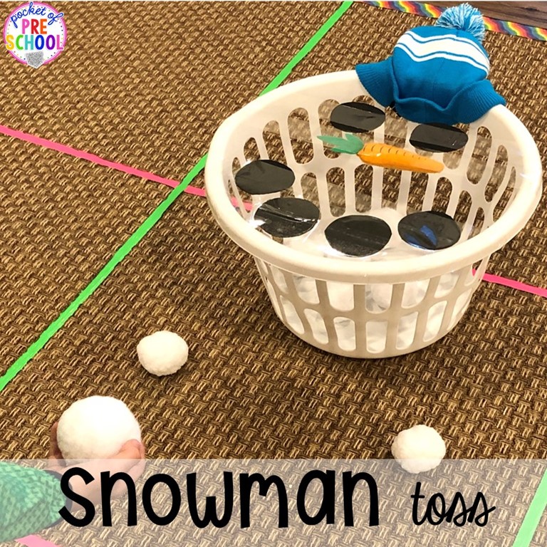 Snowman snowball toss gross motor game plus tons of snowman themed activities for preschool, pre-k, and kindergarten. #snowmantheme #wintertheme