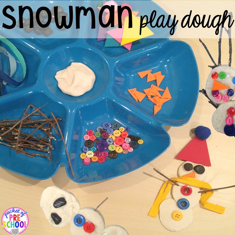 Snowman play dough tray plus tons of snowman themed activities for preschool, pre-k, and kindergarten. #snowmantheme #wintertheme