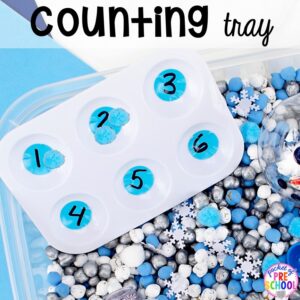Counting using a counting tray in a sensory bin! https://pocketofpreschool.com/how-to-dye-chickpeas-with-acrylic-paint-aka-garbanzo-beans/
