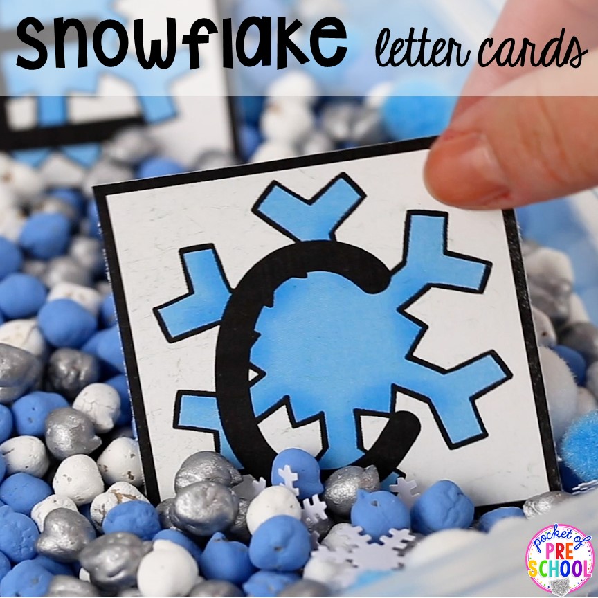 FREE snowflake letter cards! Fun to use in a sensory table, in a pocket chart, or in a center. #preschool #prek #letteractivity