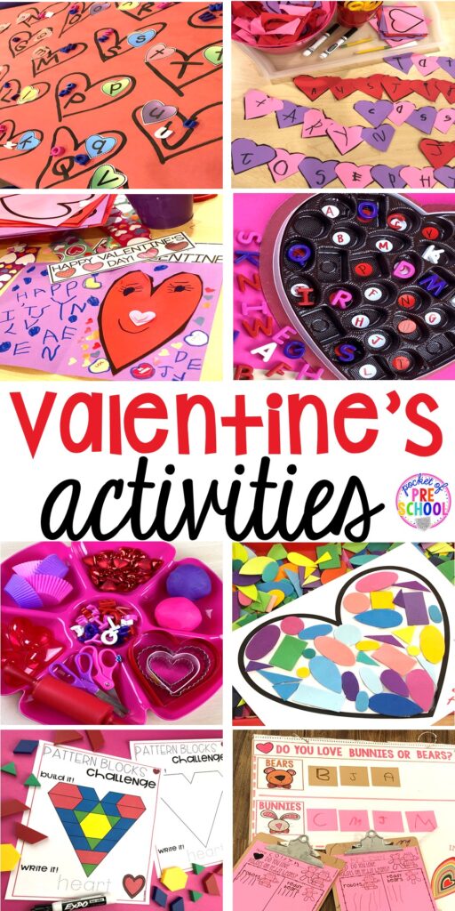 Valentine's Day activities (letters, writing, counting, shapes, sensory, fine motor) for preschool, pre-k, and kindergarten. #preschool #prek #valentinesday