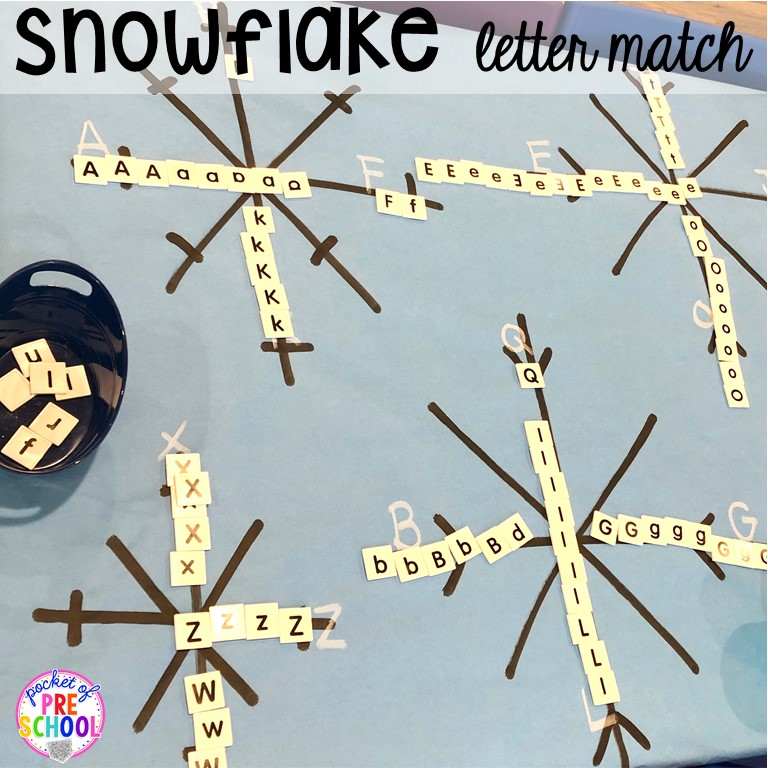 Snowflake letter match butcher paper activity plus tons of snowman themed activities for preschool, pre-k, and kindergarten. #snowmantheme #wintertheme
