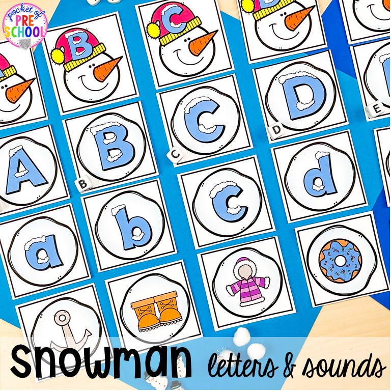 Snowman letter and sound game plus tons of snowman themed activities for preschool, pre-k, and kindergarten. #snowmantheme #wintertheme