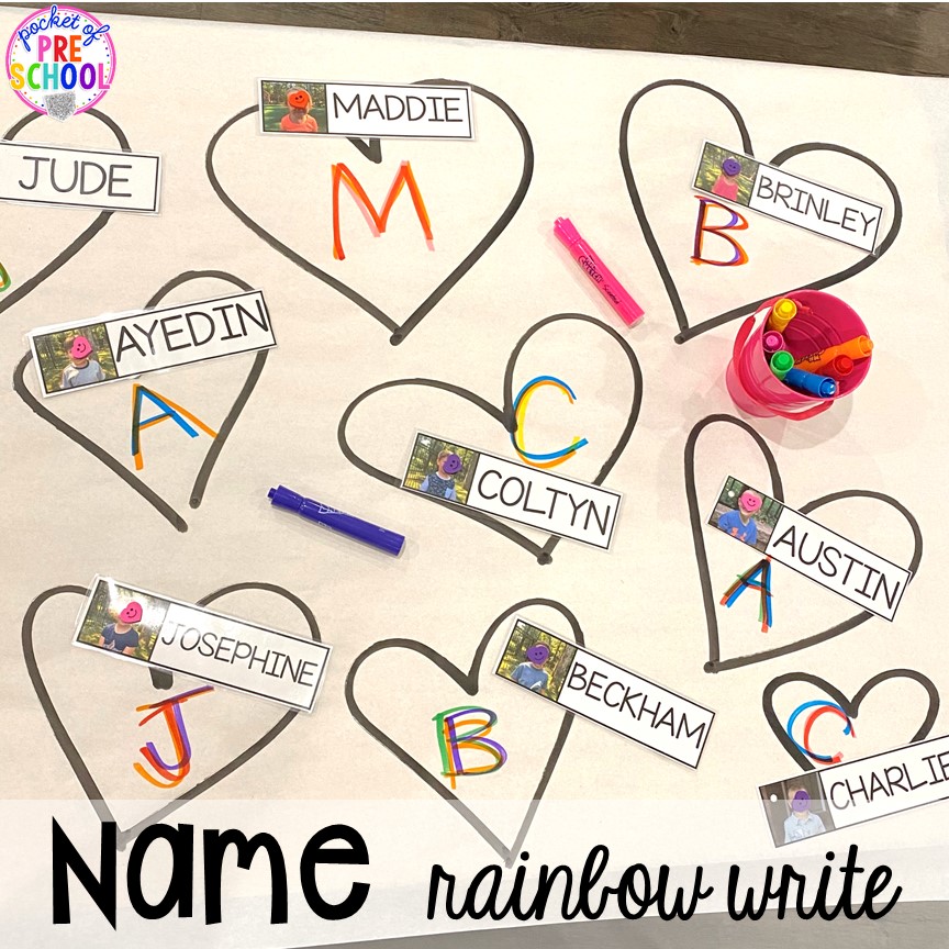 Heart name rainbow write! Valentine's Day activities (letters, writing, counting, shapes, sensory, fine motor)for preschool, pre-k, and kindergarten. #preschool #prek #valentinesday