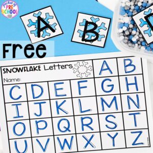 FREE snowflake letter cards and worksheet! Fun to use in a sensory table, in a pocket chart, or in a center. #preschool #prek #letteractivity
