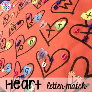 Heart letter match with manipulatives. Valentine's Day activities (letters, writing, counting, shapes, sensory, fine motor)for preschool, pre-k, and kindergarten. #preschool #prek #valentinesday