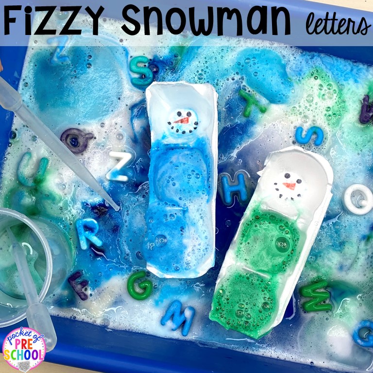 Fizzy snowman letter science experiment plus tons of snowman themed activities for preschool, pre-k, and kindergarten. #snowmantheme #wintertheme