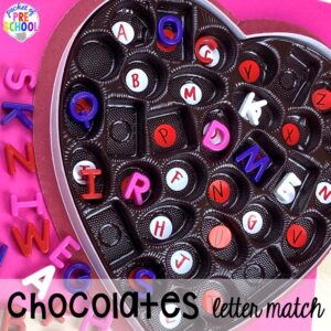 Chocolate heart letter match up! Valentine's Day activities (letters, writing, counting, shapes, sensory, fine motor)for preschool, pre-k, and kindergarten. #preschool #prek #valentinesday
