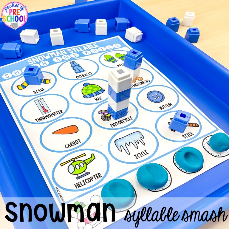 Snowman syllable smash plus tons of snowman themed activities for preschool, pre-k, and kindergarten. #snowmantheme #wintertheme