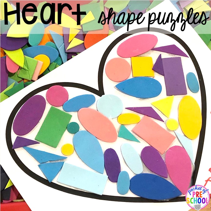 Heart shape puzzle to develop spatial sense. Valentine's Day activities (letters, writing, counting, shapes, sensory, fine motor)for preschool, pre-k, and kindergarten. #preschool #prek #valentinesday