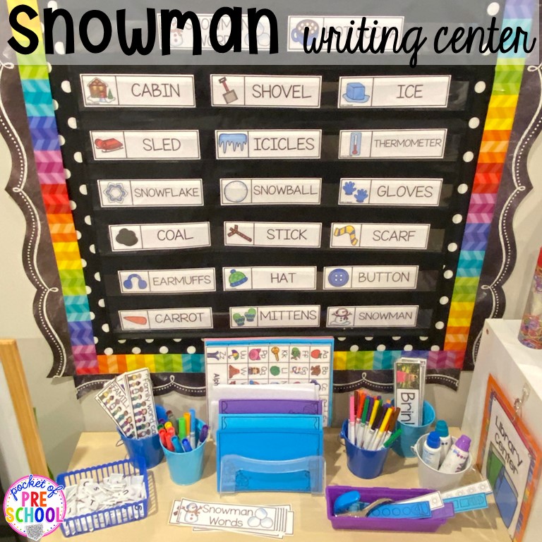 Snowman themed writing center plus tons of snowman themed activities for preschool, pre-k, and kindergarten. #snowmantheme #wintertheme