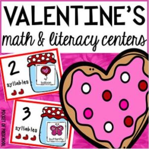 Math and literacy centers with a Valentine's theme for preschool, pre-k, and kindergarten students