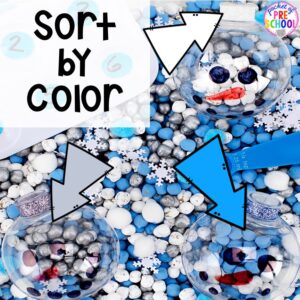 Sorting by color in the sensory bin and a snowman sensory bin! Add academics into the sensory bin! #preschool #prek #sensorybin