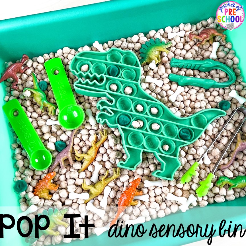 Pop it dinosaur sensory bin for preschool, pre-k, and kindergarten! #preschool #prek #kindergarten #popit