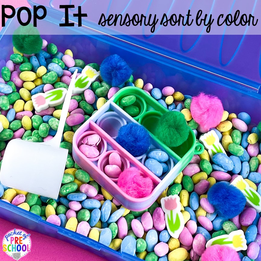 Sort colors a pop it sensory bin for preschool, pre-k, and kindergarten! #preschool #prek #kindergarten #popit