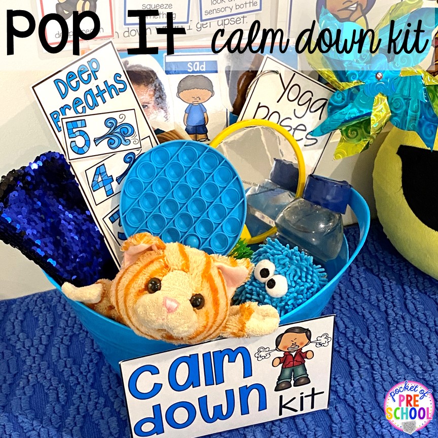 Add pop its in your calm down spot or safe place in your preschool, pre-k, and kindergarten students. #preschool #prek #kindergarten #calmdownspot