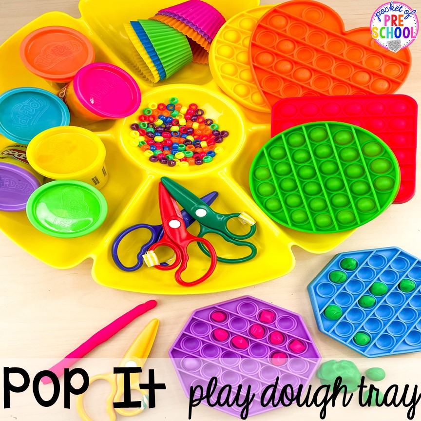Pop it play dough tray to practice fine motor and scissor skills for preschool, pre-k, and kindergarten students. #preschool #prek #kindergarten #finemotoractivity