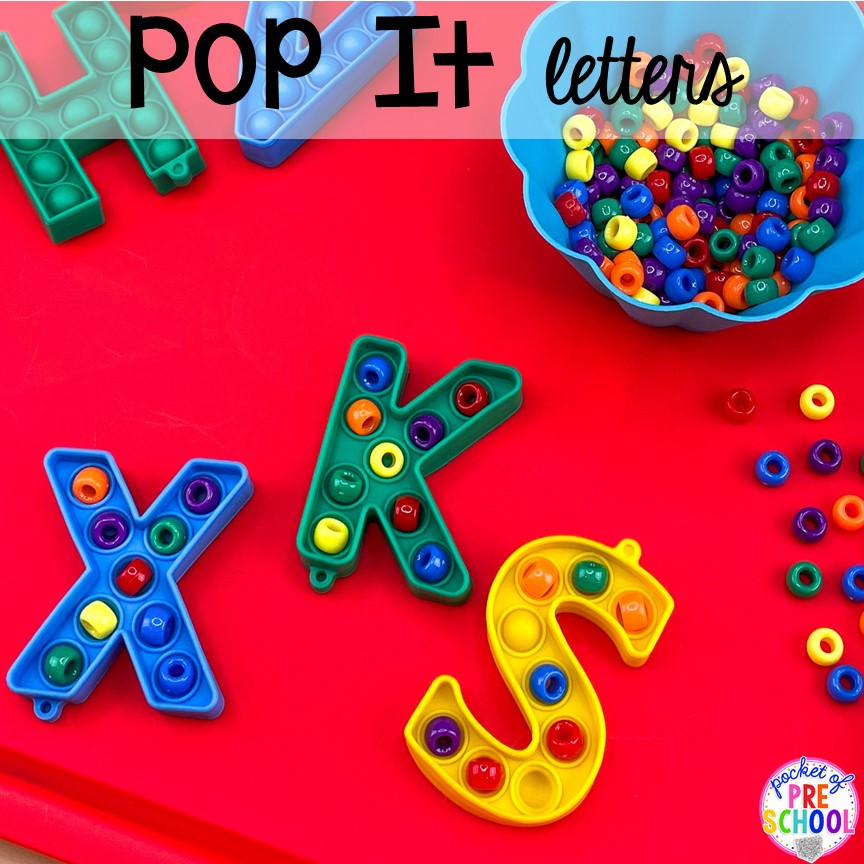 Practice building letters and identifying letters with pop it mats with preschool, pre-k, and kindergarten students. #preschool #prek #kindergarten #letteractivity