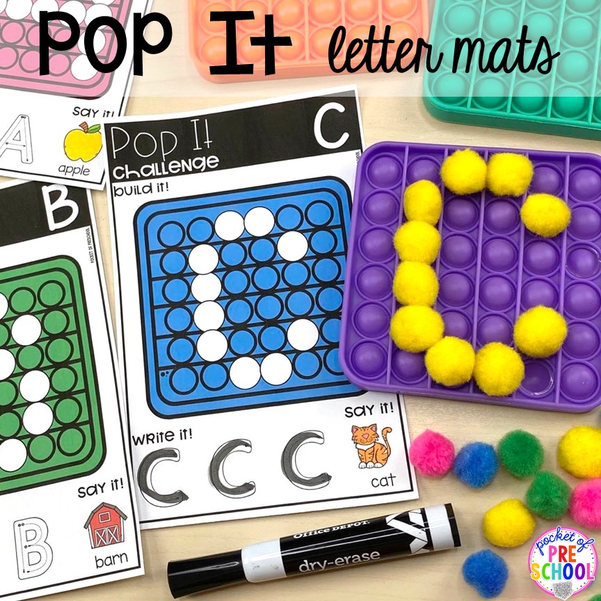 Pop it letter mats are perfect way to practice writing letters and to make handwriting fun for preschool, pre-k, and kindergarten students. #preschool #prek #kindergarten #letteractivity
