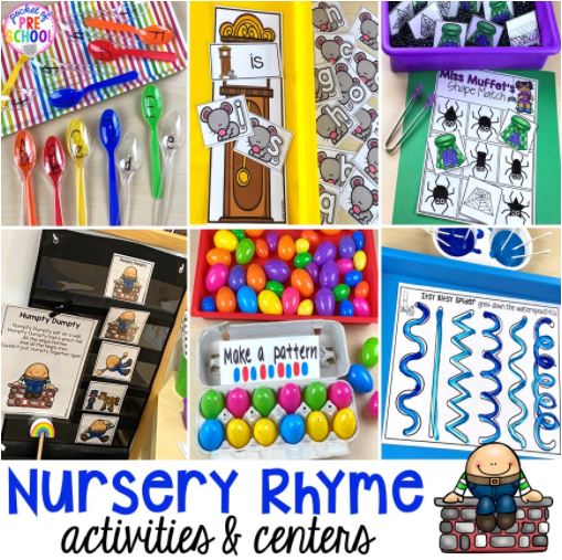 Nursery Rhyme activities and center ideas for preschool, pre-k, and kindergarten students.