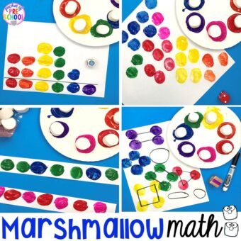 Marshmallow math activities (counting, sorting, graphing, 2D shapes, 3D shapes, making patterns) for preschool, pre-k, and kindergarten!