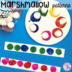 Make marshmallow patterns with paint! Marshmallow math activities (counting, sorting, graphing, 2D shapes, 3D shapes, making patterns) for preschool, pre-k, and kindergarten!