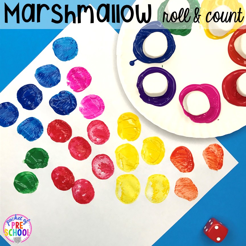 Roll and count marshmallows activity. Marshmallow math activities (counting, sorting, graphing, 2D shapes, 3D shapes, making patterns) for preschool, pre-k, and kindergarten!
