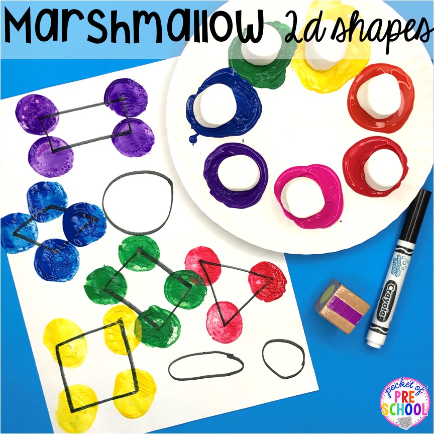 2D marshmallow shape activity. Marshmallow math activities (counting, sorting, graphing, 2D shapes, 3D shapes, making patterns) for preschool, pre-k, and kindergarten!
