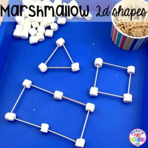 Make 2D shapes with toothpicks and marshmallows. Marshmallow math activities (counting, sorting, graphing, 2D shapes, 3D shapes, making patterns) for preschool, pre-k, and kindergarten!