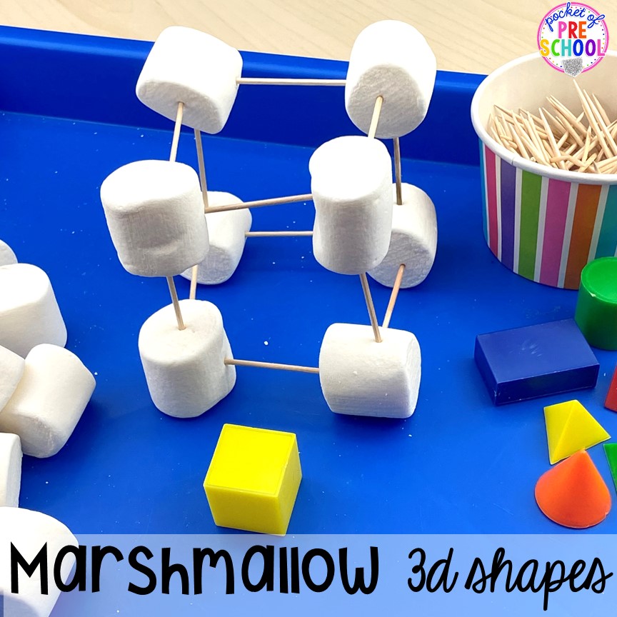 Make 3D shapes with marshmallows. Marshmallow math activities (counting, sorting, graphing, 2D shapes, 3D shapes, making patterns) for preschool, pre-k, and kindergarten!