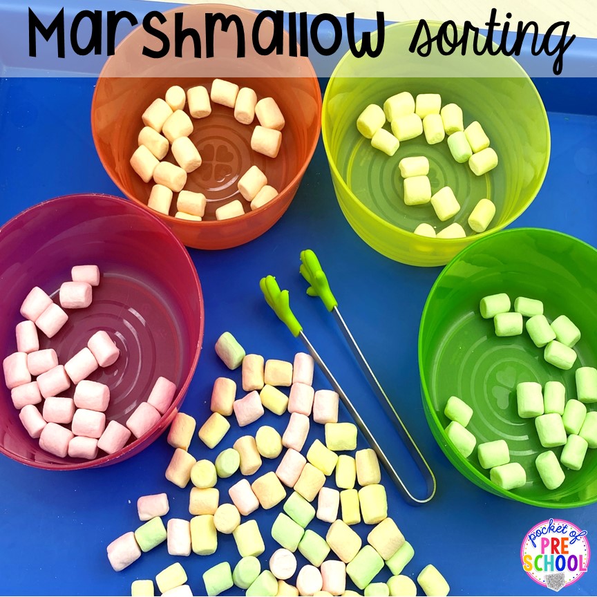 Sort the marshmallows activity. Marshmallow math activities (counting, sorting, graphing, 2D shapes, 3D shapes, making patterns) for preschool, pre-k, and kindergarten!