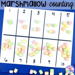 Count the marshmallows activity. Marshmallow math activities (counting, sorting, graphing, 2D shapes, 3D shapes, making patterns) for preschool, pre-k, and kindergarten!
