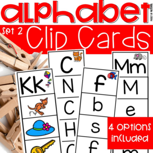 Alphabet clip cards set 2 for a fun way to practice letters and beginning sounds with preschool, pre-k, and kindergarten students.