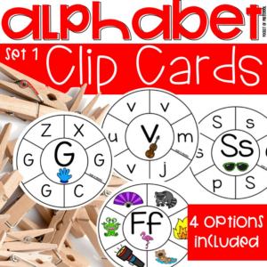 Alphabet clip cards set 1 for a fun way to practice letters and beginning sounds with preschool, pre-k, and kindergarten students.