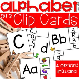 Alphabet clip cards set 3 for a fun way to practice letters and beginning sounds with preschool, pre-k, and kindergarten students.